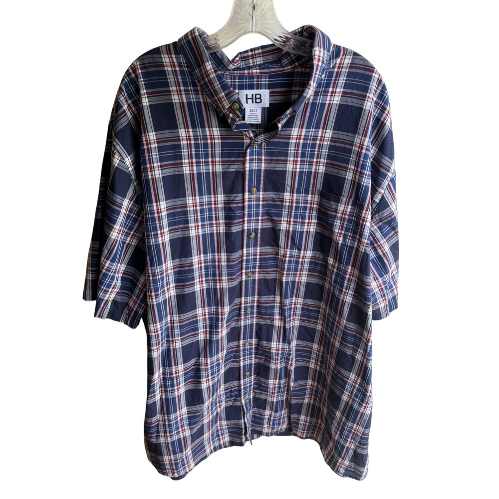 HB NWOT Men's 3XLT Red and Blue Plaid Short Sleeve Casual Work Button Down Shirt